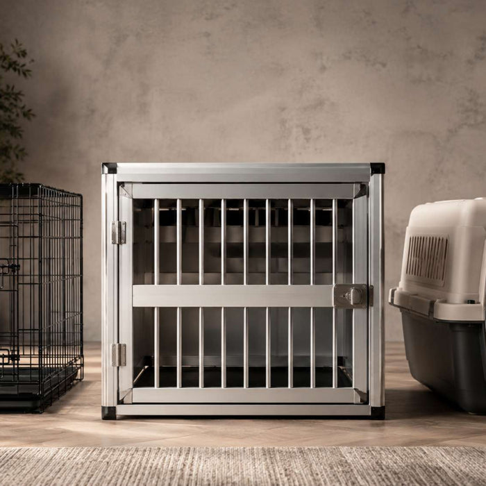 Steel wire crate, aluminum dog crate, and plastic travel kennel displayed side by side in a modern indoor setting