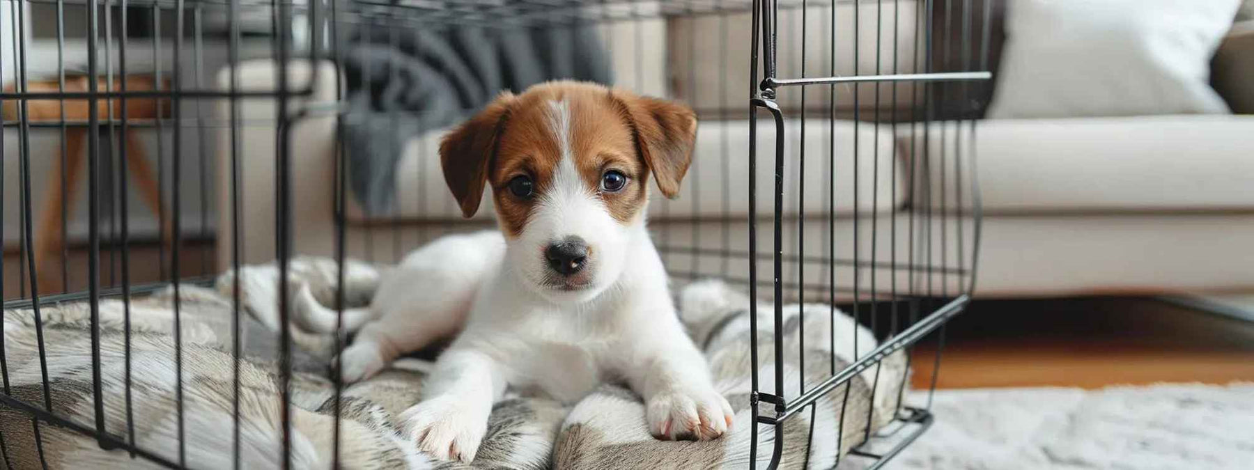 The puppy gazes out calmly from the crate, showing comfort and routine—key ideas explored in Until What Age Should a Dog Sleep in a Crate
