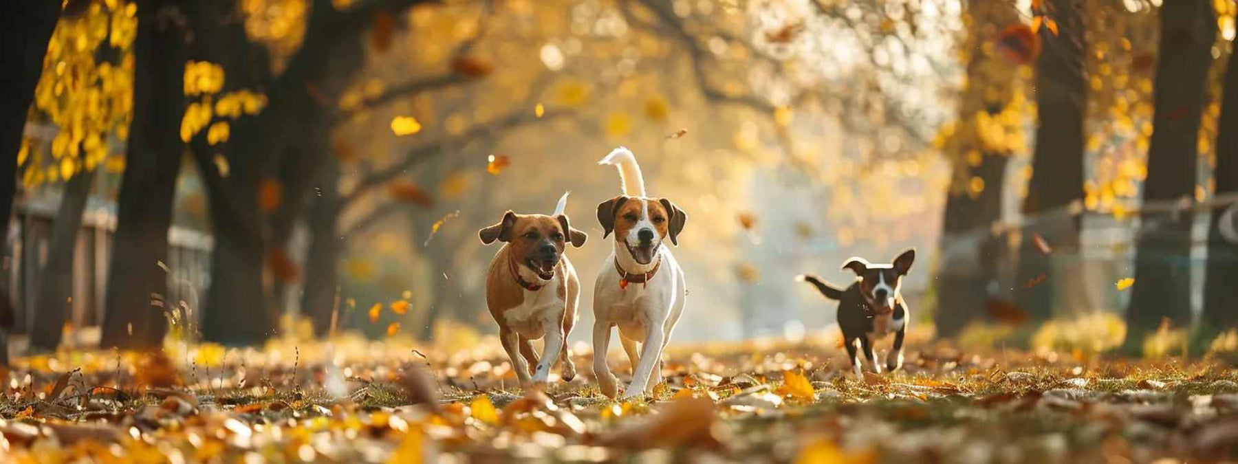 Three happy dogs run through a park filled with fallen autumn leaves, a perfect scene to explore What Are Some Fun Outdoor Activities to Do With My Dog