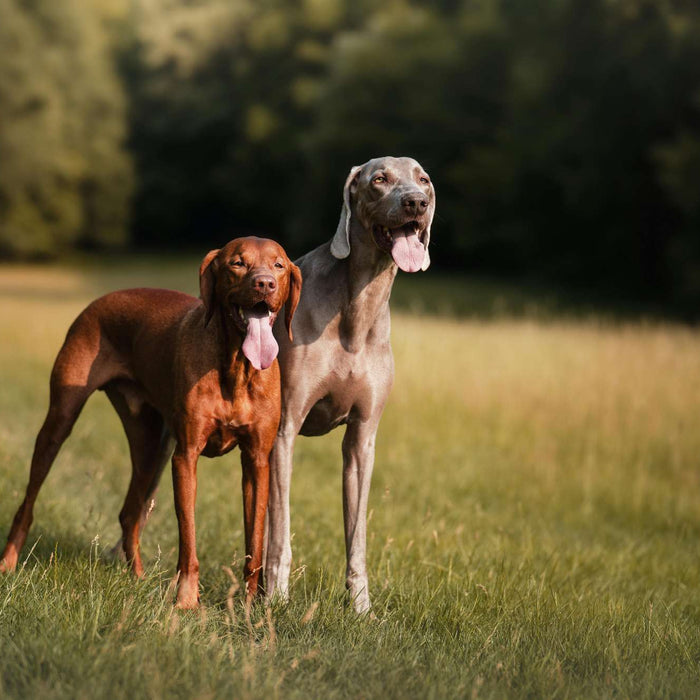 Two athletic dogs standing in a grassy field during a dog weight management plan focused on regular outdoor exercise and healthy activity