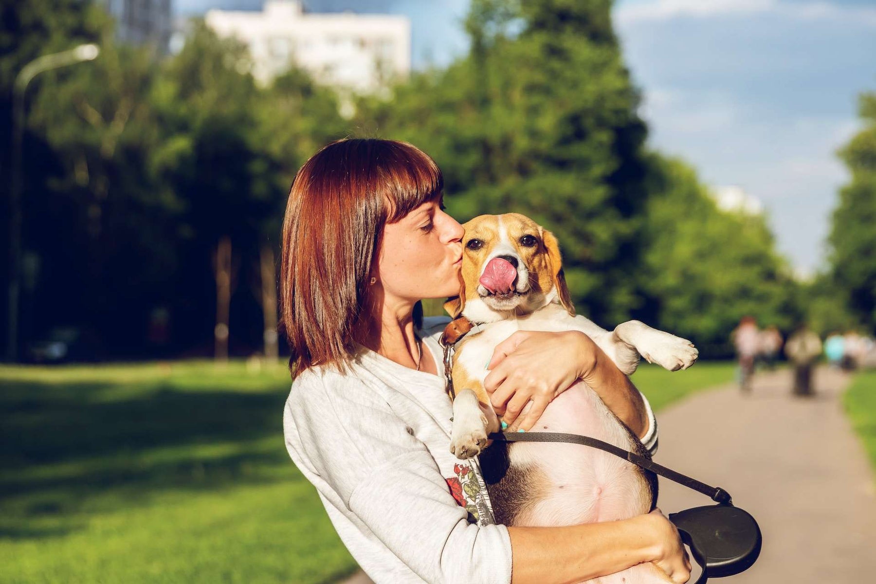 Woman Carrying And Kissing A Beagle Dog