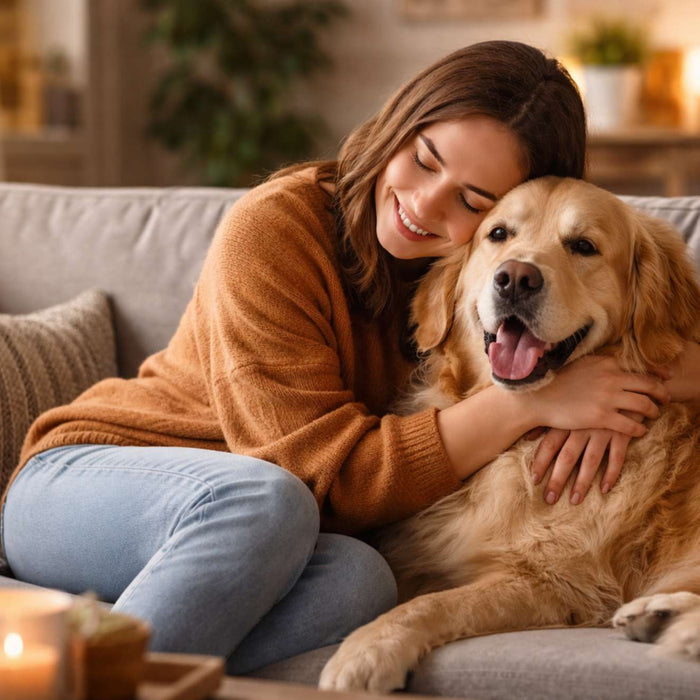 Woman hugs her calm dog on a sofa, showing why dogs are the ultimate emotional support system through comfort and closeness
