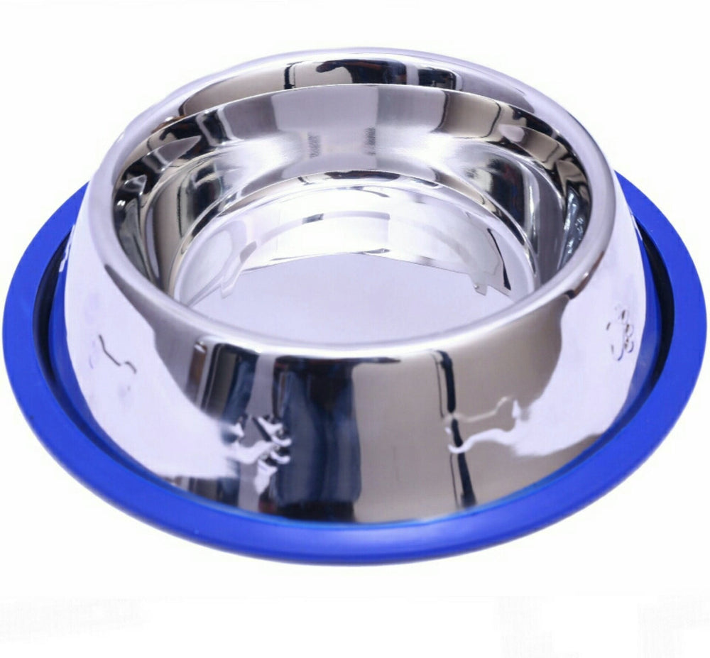 Set of 2 Etched Stainless Steel Dog Bowls with Blue Silicone Base
