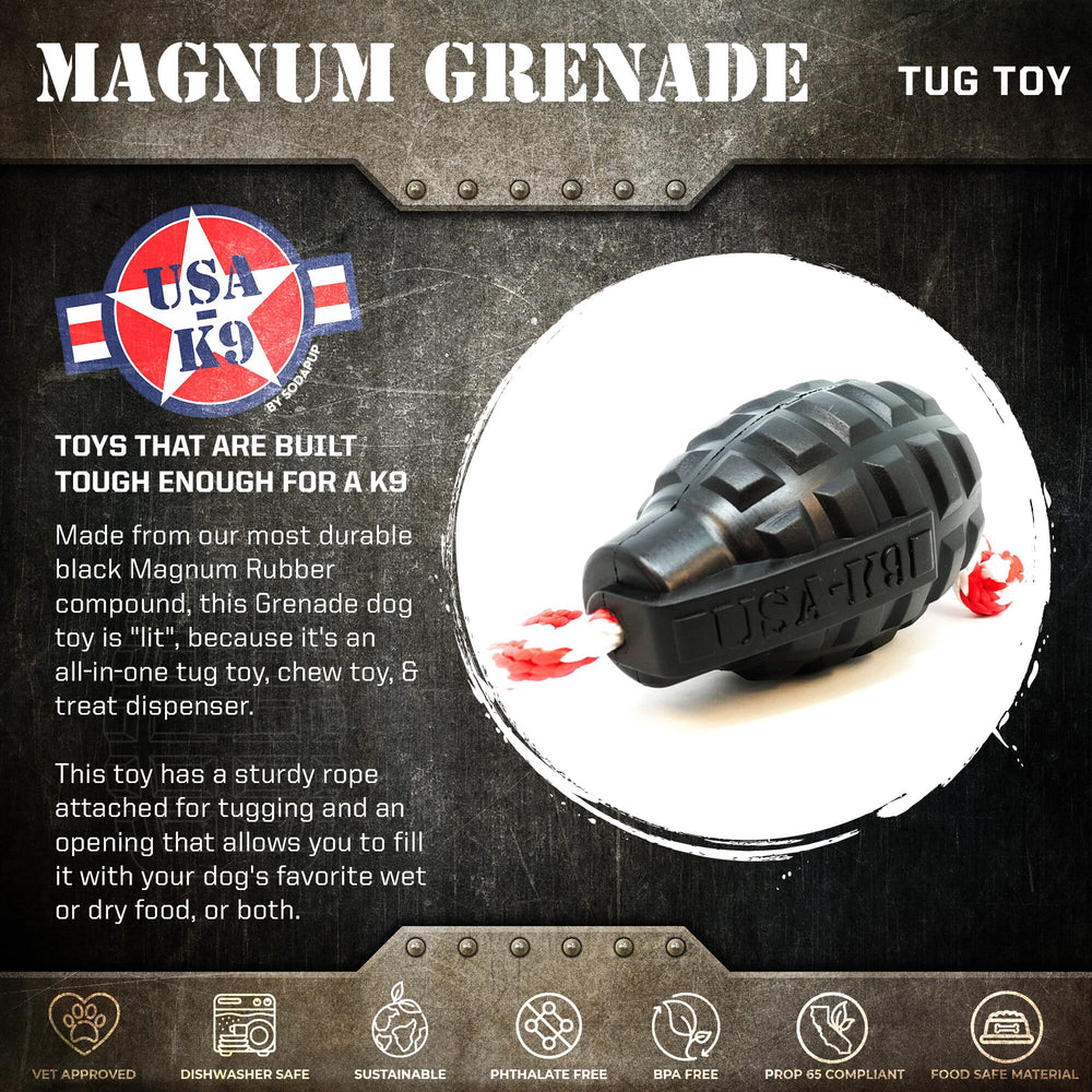 USA-K9 Magnum Grenade Durable Rubber Chew Toy, Treat Dispenser, Reward Toy, Tug Toy, and Retrieving Toy - Black Magnum