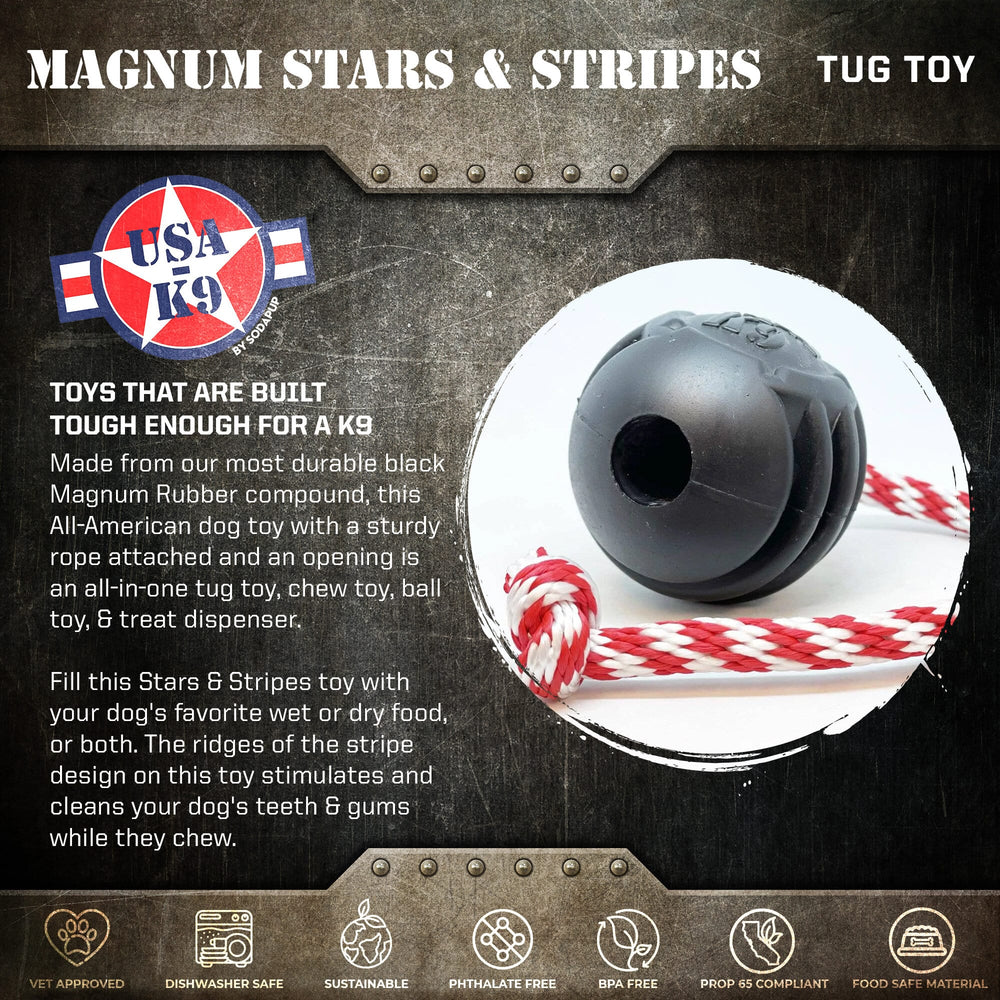 USA-K9 Magnum Black Stars and Stripes Ultra-Durable  Rubber Chew Toy, Reward Toy, Tug Toy, and Retrieving Toy - Black