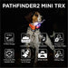 A dog at night wears Dogtra Pathfinder2 Mini TRX Additional Receiver with glowing LED lights and icons highlighting GPS tracking features