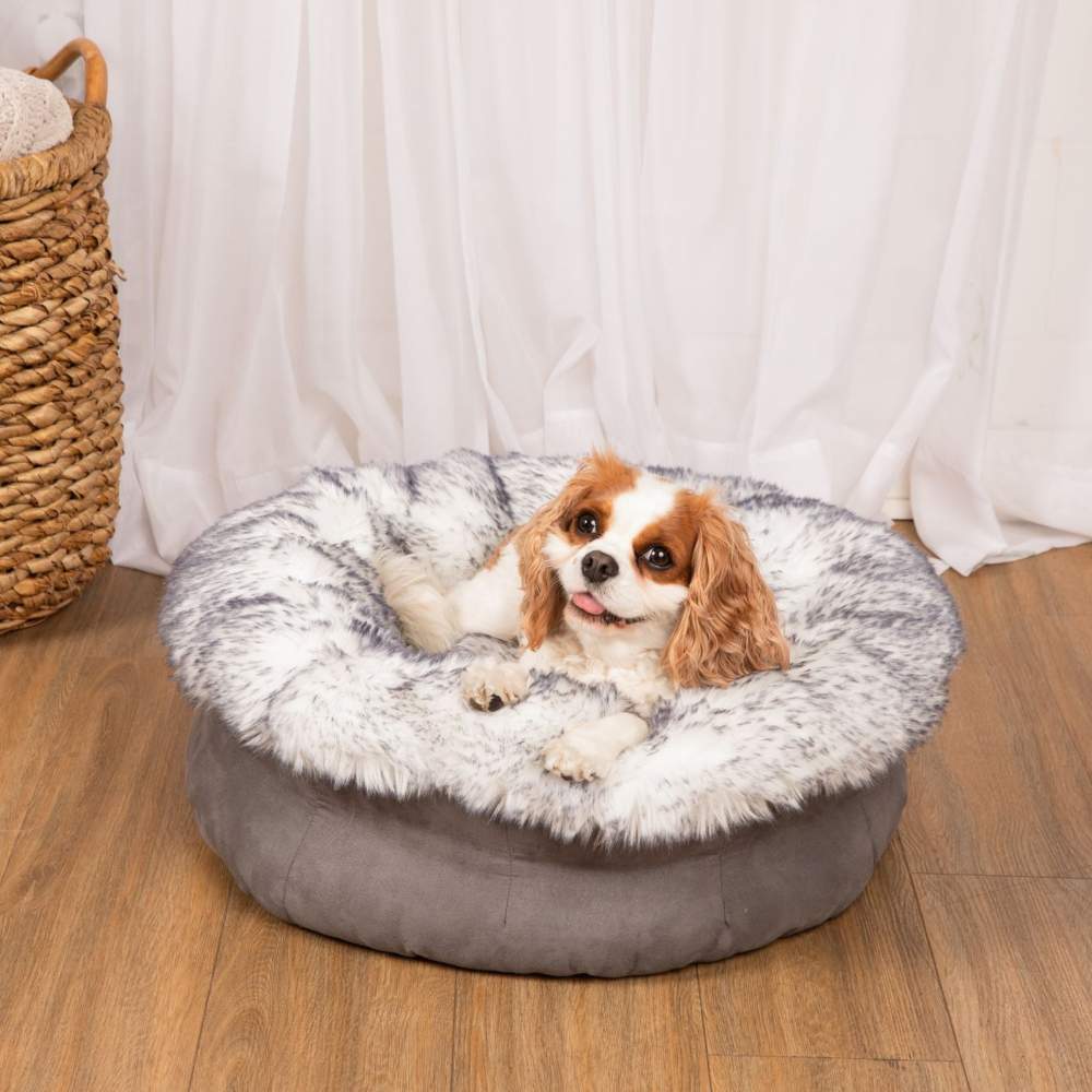 A Cavalier King Charles Spaniel is happily laying on the Ultra Plush Arctic Fox Paw PupPouf™ Luxe Faux Fur Donut Dog Bed with a white curtain backdrop