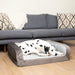 A Dalmatian is stretched out on the Paw PupChill™ Cooling Bolster Dog Bed, placed in a chic living area