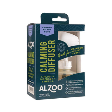 ALZOO Plant-Based Calming Diffuser Kit for Dogs box is shown from a side angle, clearly displaying the plug-in diffuser and refill vial inside