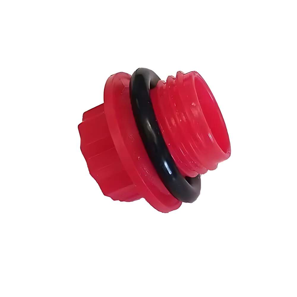 A close-up of a red threaded cap with a black rubber ring, known as the Dakota 283 Replacement Dash Series Drain Plug