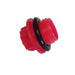 A close-up of a red threaded cap with a black rubber ring, known as the Dakota 283 Replacement Dash Series Drain Plug