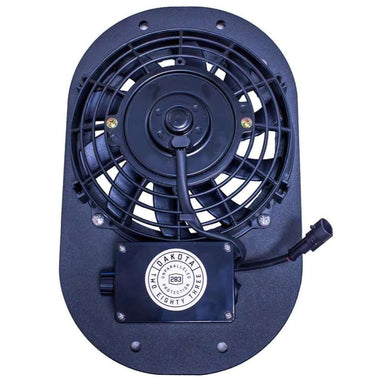 A close-up of the Dakota 283 Dog Crate Ventilation Fan on its mounting plate, featuring the Dakota 283 logo on the control box