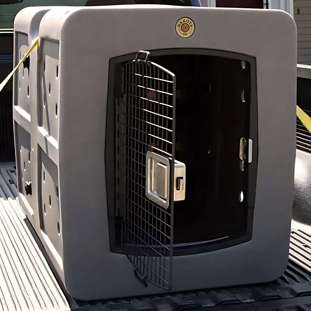 A dark granite dog kennel secured in the back of a truck using the yellow Dakota 283 Ratchet Strap