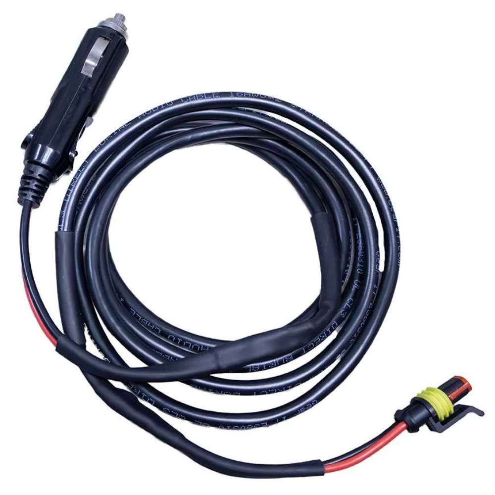 A long black power cord with a car adapter plug, used to connect the Dakota 283 Dog Crate Ventilation Fan to a vehicle’s power outlet