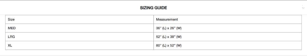 A sizing guide chart lists medium (36 x 26), large (52 x 38), and extra-large (80 x 52) options for the Bowsers Blanket Topper