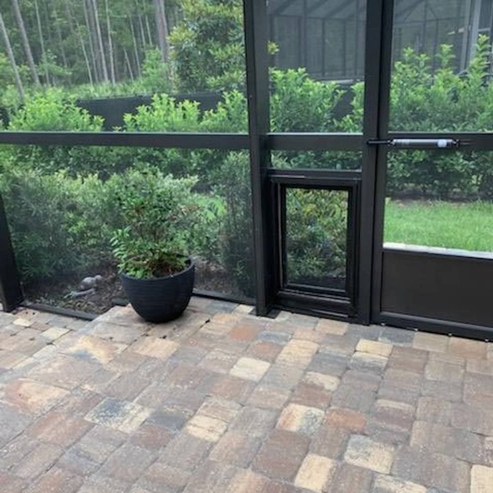 A black Security Boss SB4 Pet Screen Door installed in a screened porch, blending seamlessly with the surrounding frame and providing access to the outdoor area