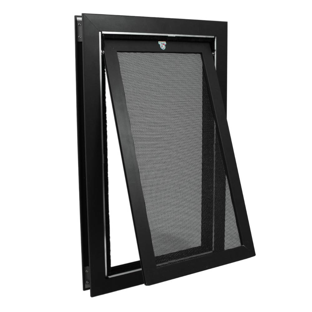 A black Security Boss SB4 Pet Screen Door with the screen door partially open, demonstrating its ease of use and pet-friendly design