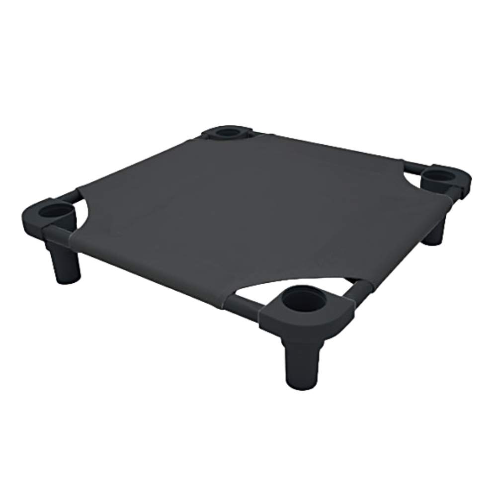 A black elevated Wash N Zip Pet Bed Dog Cot Dog Bed with a sturdy fabric surface and four legs that have circular openings at the corners