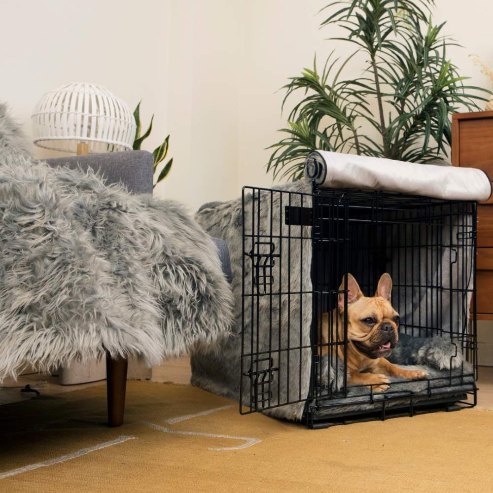 A black wire crate with a cozy grey lining and cover, showcasing a small dog resting inside, is part of the Paw Upgrade Your Dog Crate Kit - Charcoal Grey