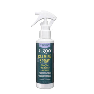 A bottle of ALZOO Plant-Based Calming Spray for Dogs against a plain white background