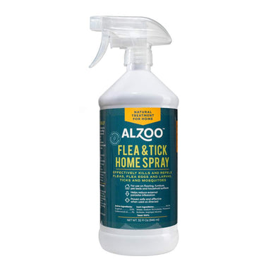 A bottle of ALZOO Plant-Based Flea & Tick Home Spray with a clear trigger spray top