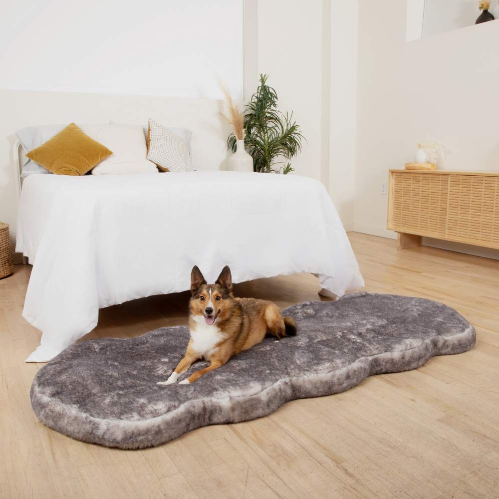 A brown and white dog lying comfortably on a Paw PupRug™ Runner Faux Fur Memory Foam Dog Bed Ultra Soft Chinchilla in a stylish bedroom setting