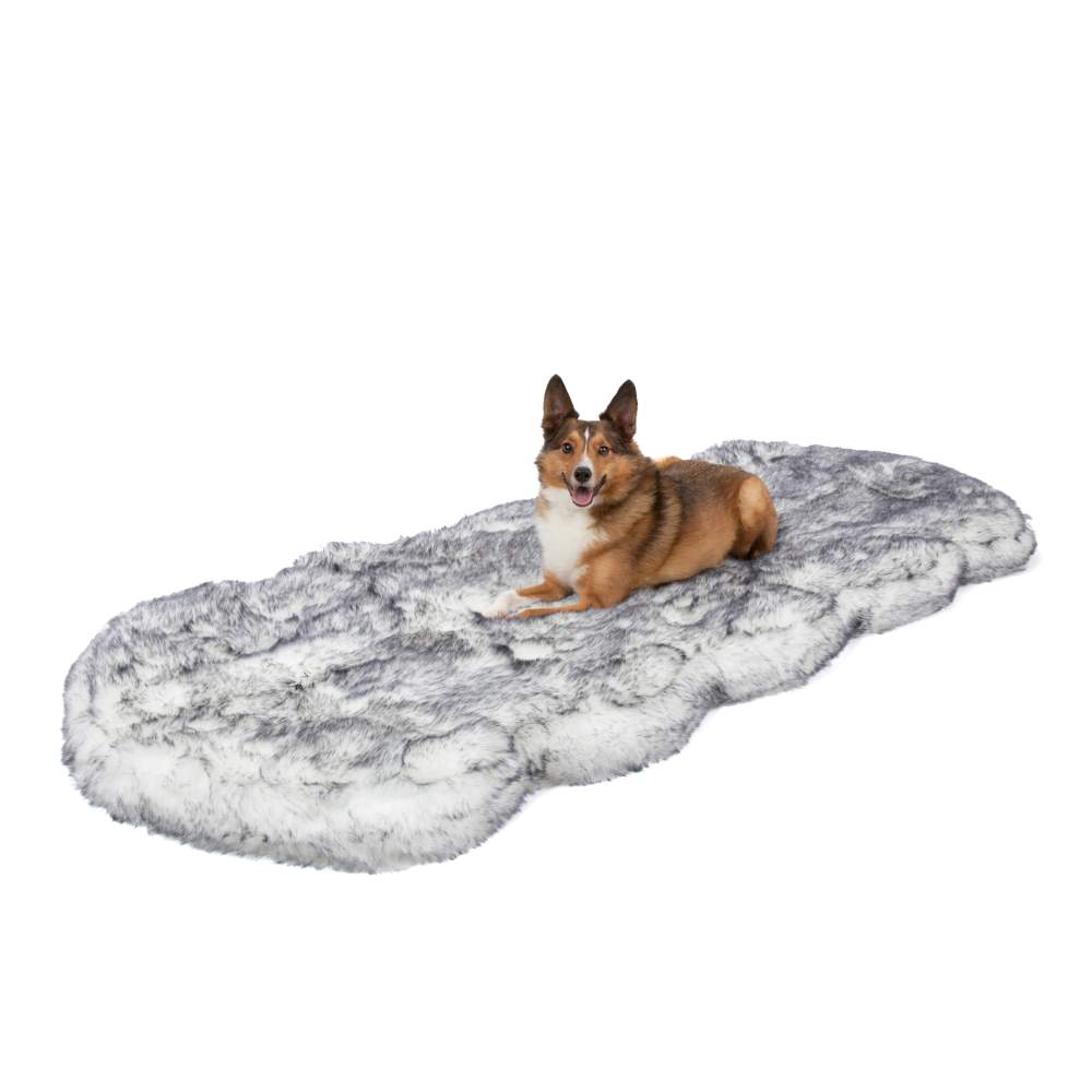 A brown and white dog lying on a Paw PupRug™ Runner Faux Fur Memory Foam Dog Bed Ultra Plush Arctic Fox against a plain white background