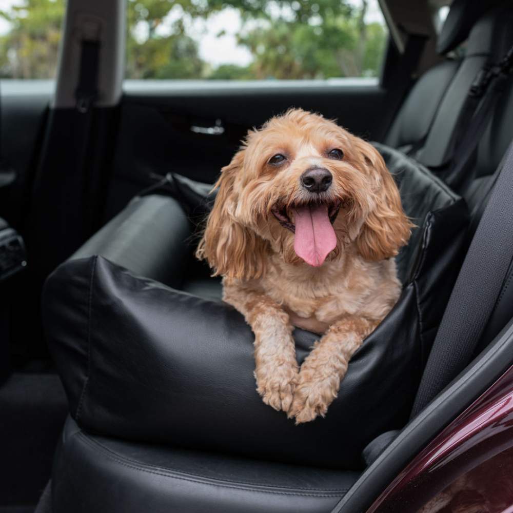 A cheerful dog is positioned in the front seat, securely placed in the Paw PupProtector™ Faux Leather Memory Foam Dog Car Bed - Black