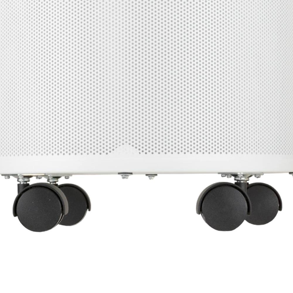 A close-up image shows the sturdy wheels of the Airpura P614+ - Germs, Mold, and Chemicals Reduction Air Purifier