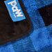 A close-up of the Paw PupProtector™ Short Fur Waterproof Throw Blanket - Blue Plaid's label and corner detail