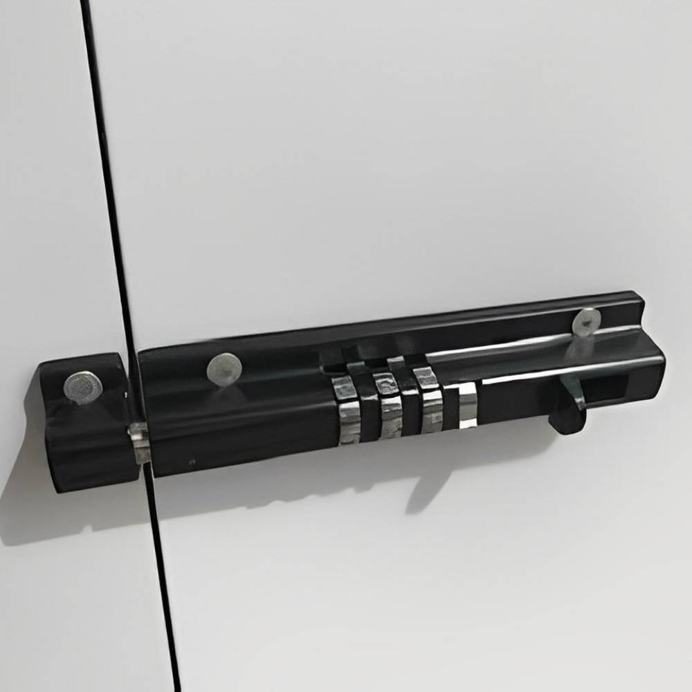 A close-up of the black latch lock mechanism on a white Watchdog Security Pet Doors Cover