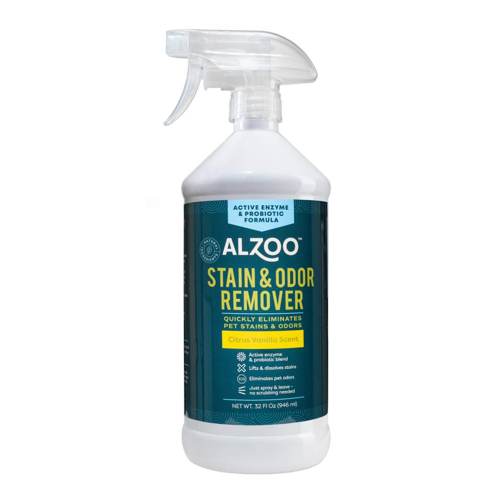 A close-up shot of the front label of the ALZOO Enzyme-Based Stain & Odor Remover Spray 32oz - Citrus Vanilla bottle