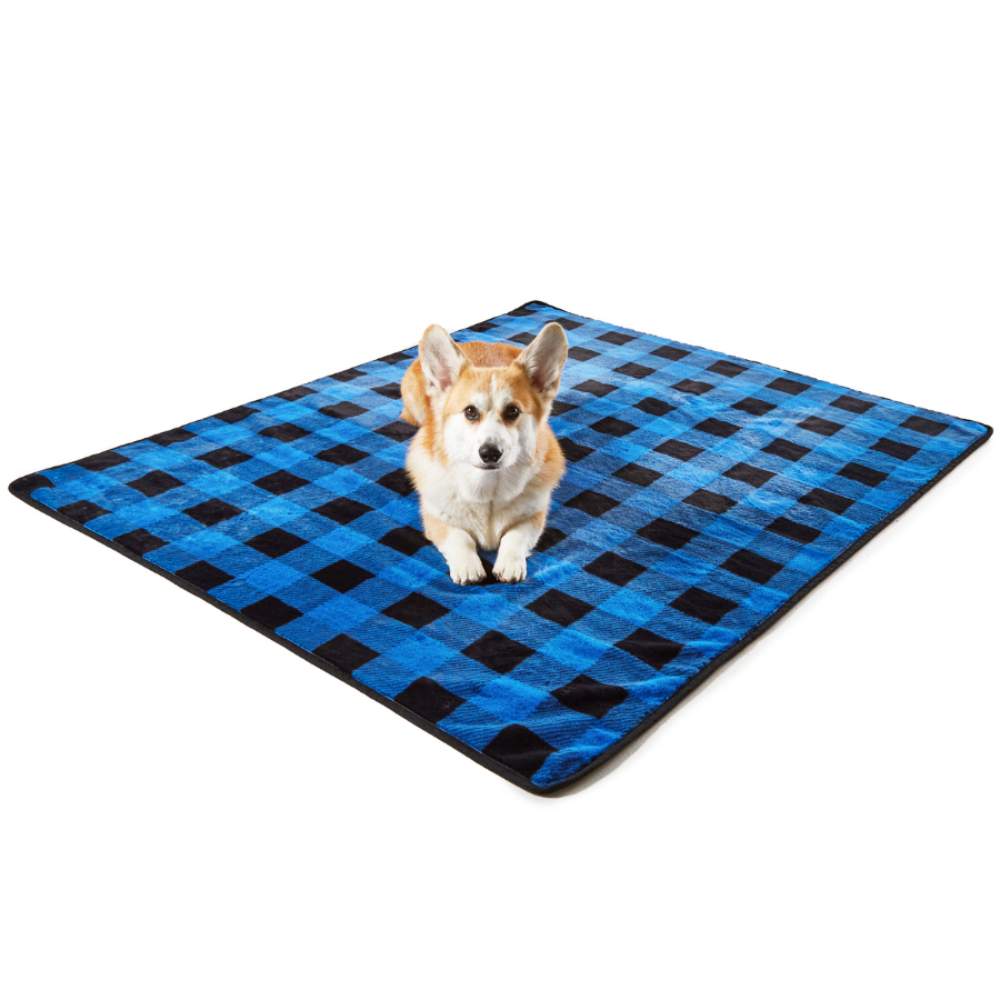 A corgi is sitting on a Paw PupProtector™ Short Fur Waterproof Throw Blanket - Blue Plaid, spread out on the floor