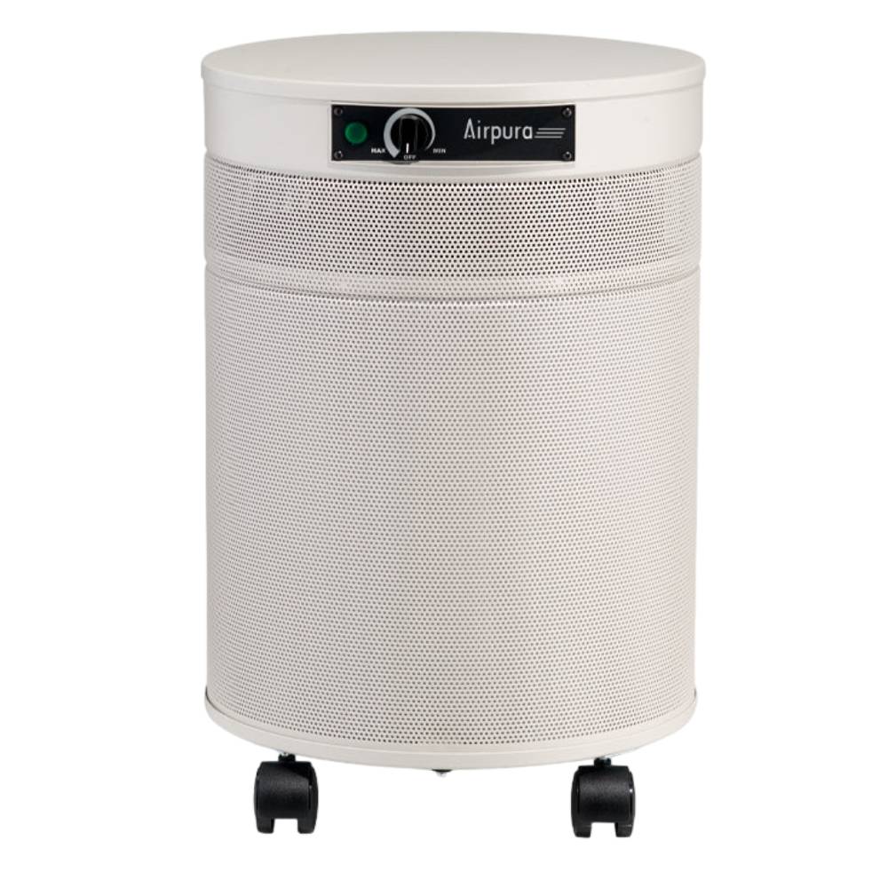 A cream-colored cylindrical air purifier labeled Airpura H714 - Allergy and Asthma Relief Air Purifier