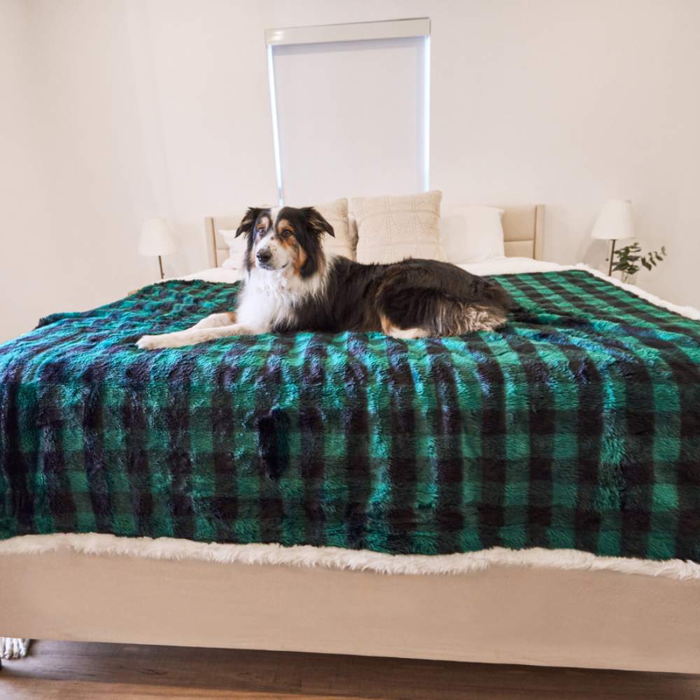 A dog is lying on a bed covered with the Paw PupProtector™ Waterproof Throw Blanket - Green Buffalo Plaid