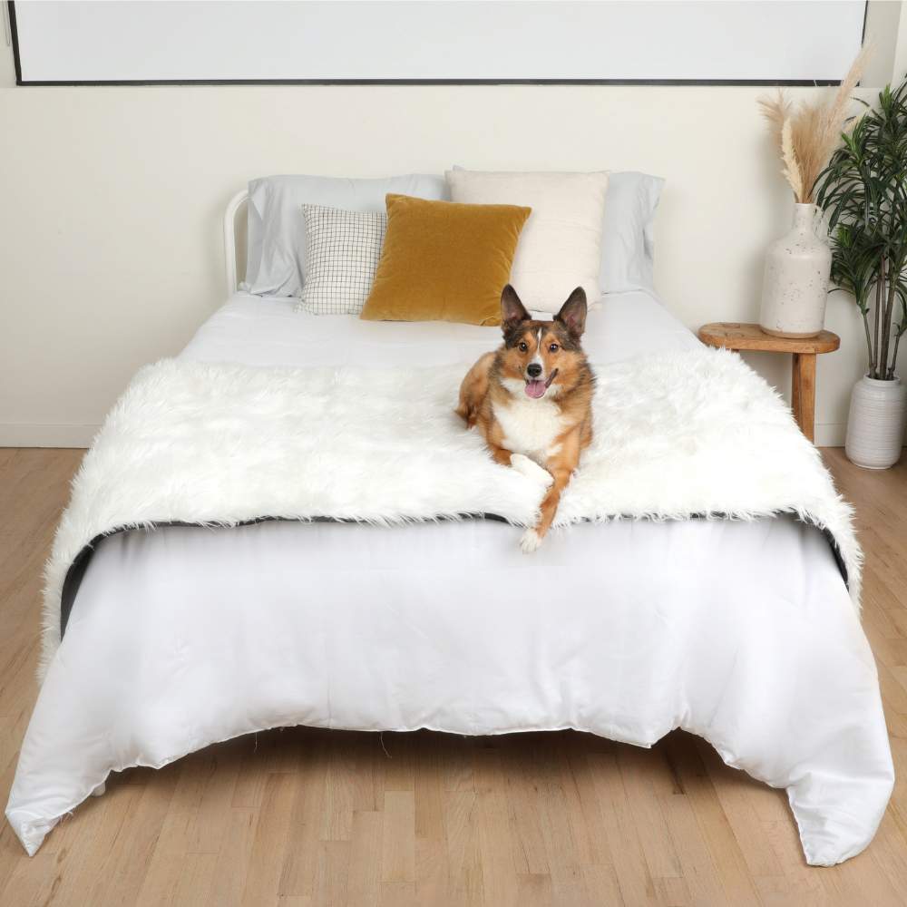 A dog is sitting on a bed that features the Paw PupProtector™ Waterproof Bed Runner - Polar White Pet Blankets