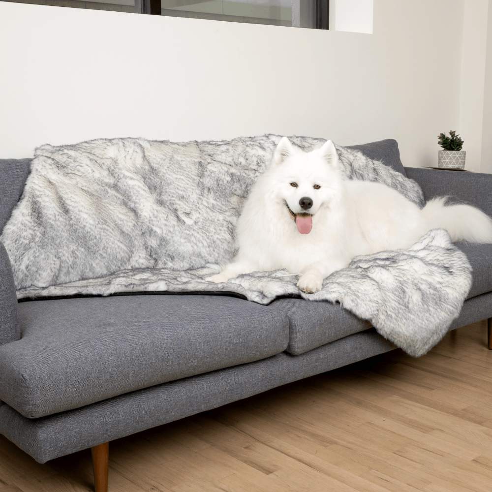 A fluffy white dog lounges on a couch covered with the Paw PupProtector™ Waterproof Throw Blanket - Ultra Plush Arctic Fox