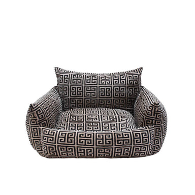 A front view of the Hello Doggie Obsidian Dog Sofa Bed, featuring a black and tan geometric Greek key design, providing a spacious and cozy resting area for pets