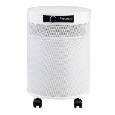 A full frontal view of the white Airpura I600+ - HEPA Air Purifier, displaying its compact and portable design with wheels