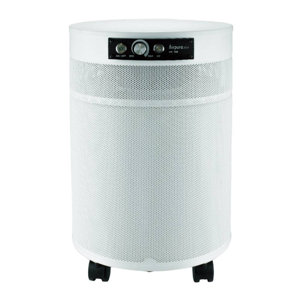 A full view of the Airpura UV700 - Germs and Mold Air Purifier in white, demonstrating its modern and efficient design for clean air