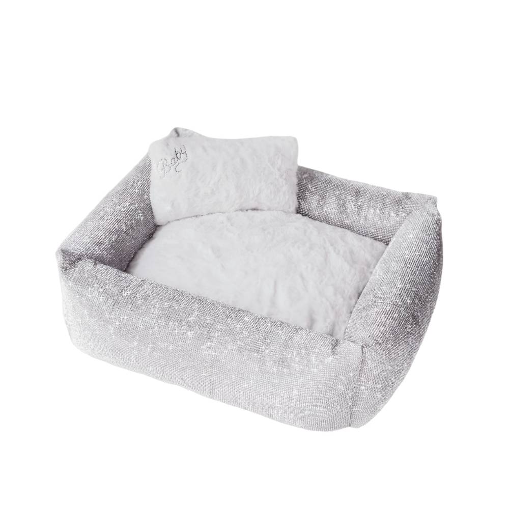 A full view of the Hello Doggie Crystal Dog Bed in silver, featuring a plush, fluffy pillow and a sparkling silver fabric exterior