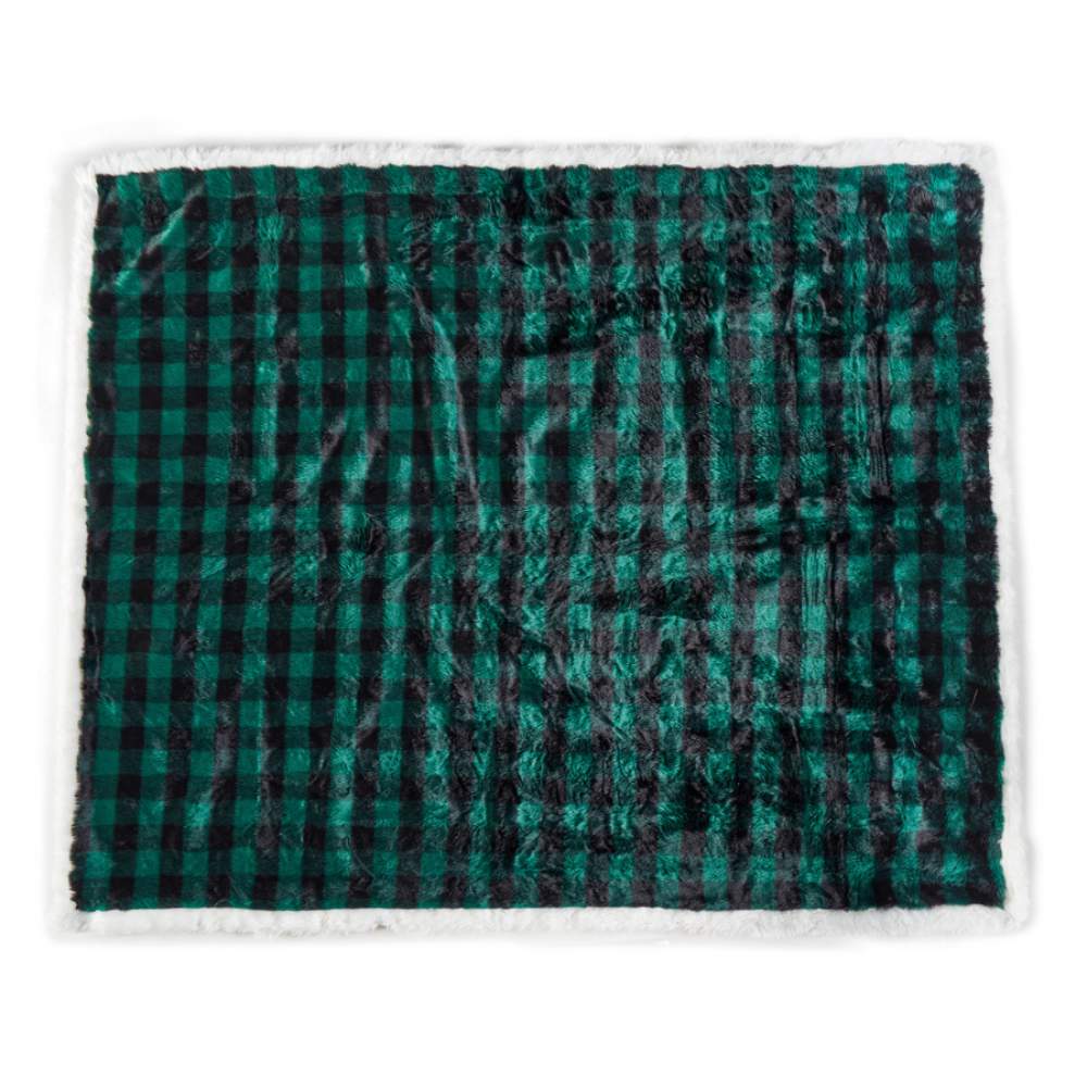 A full view of the Paw PupProtector™ Waterproof Throw Blanket - Green Buffalo Plaid, showcasing its plush texture