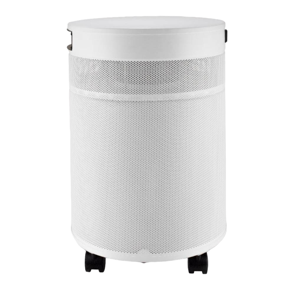 A full view of the cylindrical Airpura I600+ - HEPA Air Purifier, with a white perforated exterior and compact design