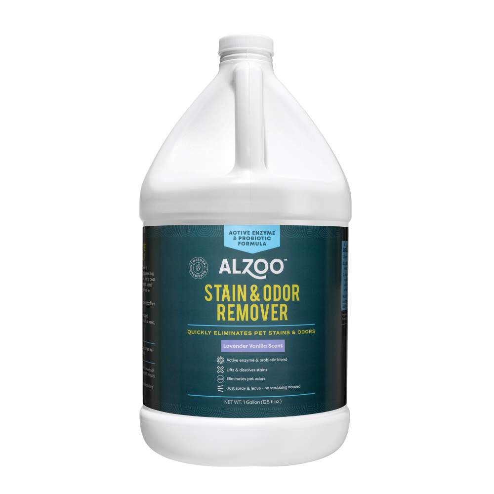 A gallon-sized bottle labeled ALZOO Enzyme-Based Stain & Odor Remover - Lavender Vanilla