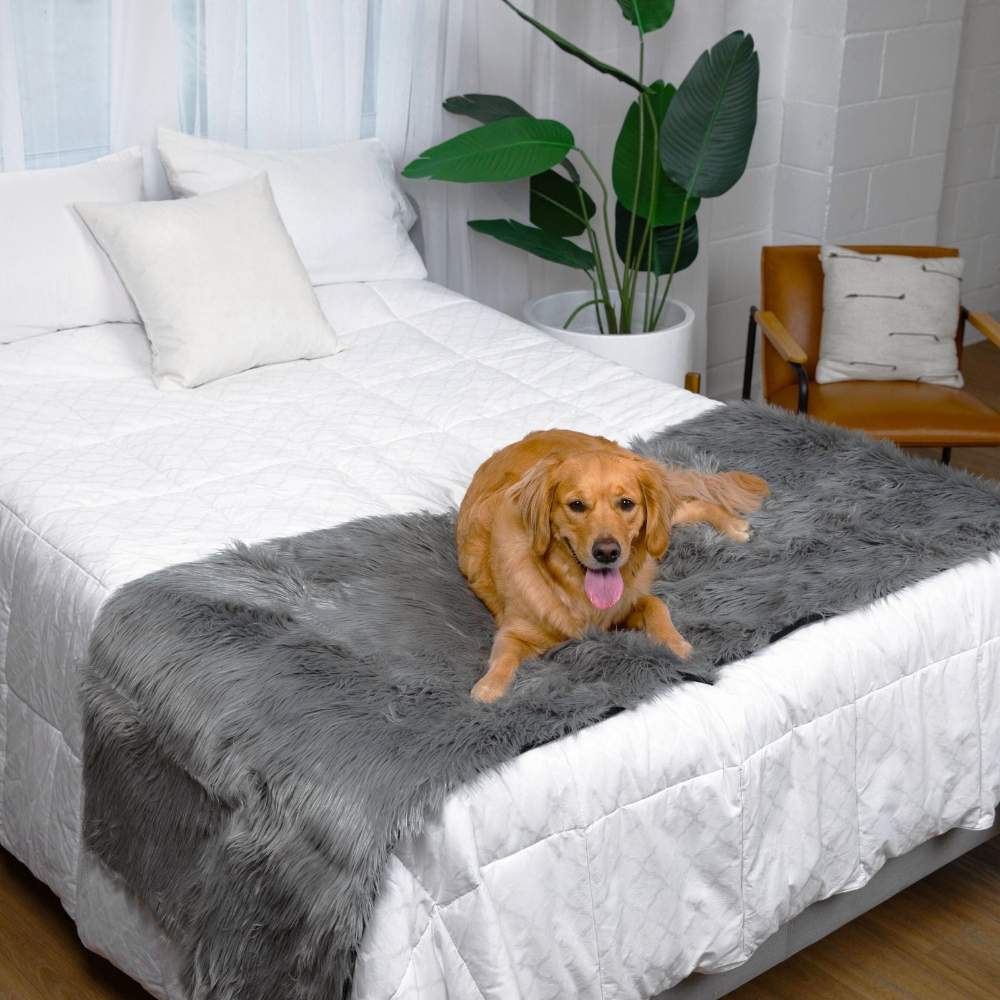 A golden retriever is lying on a bed covered with the Paw PupProtector™ Waterproof Bed Runner - Charcoal Grey Dog Blanket
