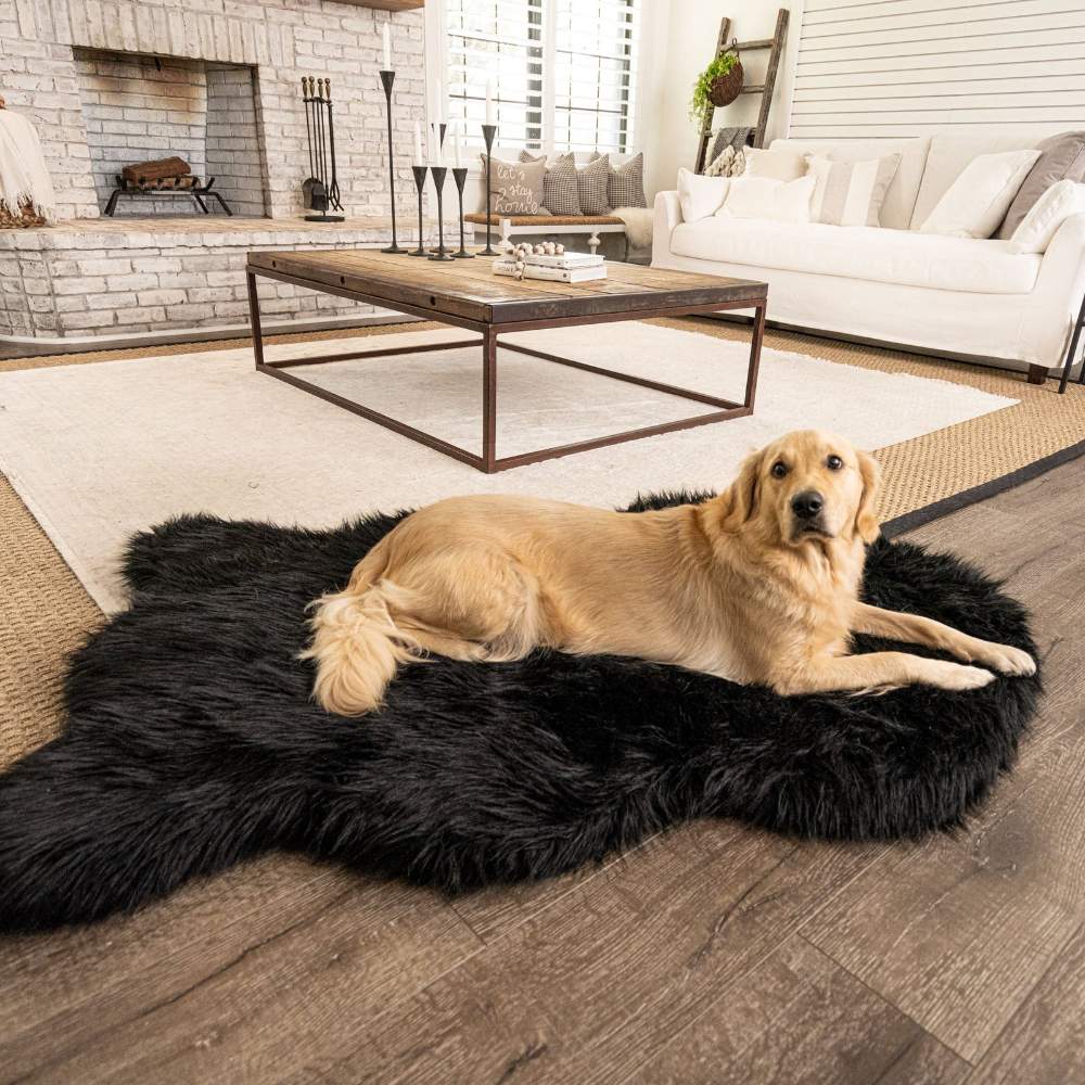A golden retriever is resting on the Curve Midnight Black Paw PupRug Faux Fur Orthopedic Dog Bed in a modern living room with a brick fireplace
