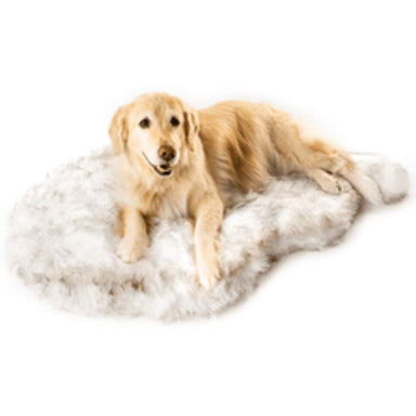 A golden retriever lying on a Curve White with Brown Accents Paw PupRug Faux Fur Orthopedic Dog Bed on a white background