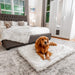 A golden retriever lying on a Rectangle White with Brown Accents Paw PupRug Faux Fur Orthopedic Dog Bed in a bedroom setting