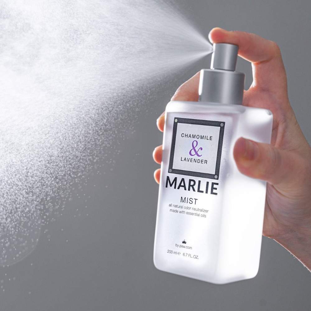 A hand spraying Paw Marlie Mist Pet Odor Eliminator Spray with Essential Oils - Chamomile & Lavender creating a fine mist against a gray background