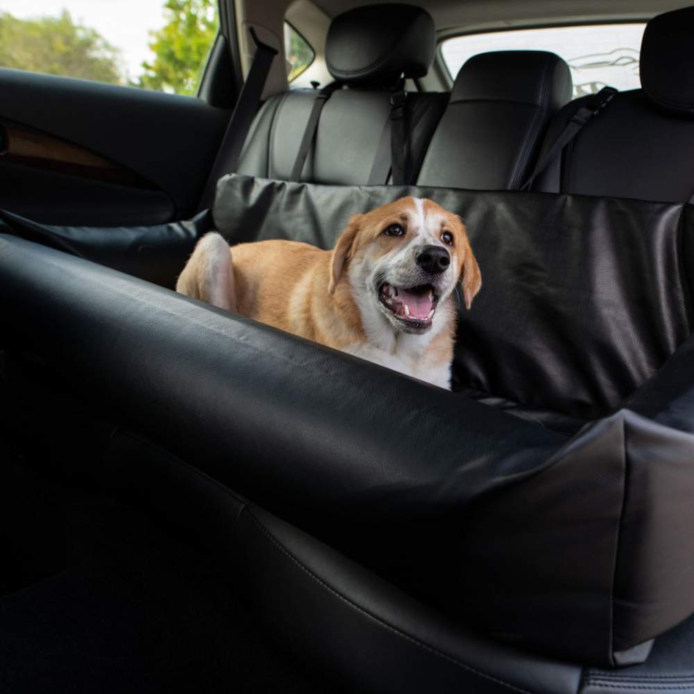 A happy dog is seated in a Paw PupProtector™ Faux Leather Memory Foam Dog Car Bed - Black Full Back Seat inside a car, showcasing its use for comfortable car rides